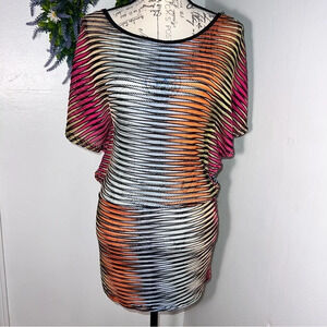 Multicolor striped ribbed, scoop corded neckline bat wing short sleeve cover up